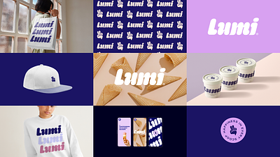 Lumi Ice Cream Brand Identity apparel bag branding cone design graphic design hat ice cream icon illustration logo mark package packaging pattern pink purple stickers sweatshirt type